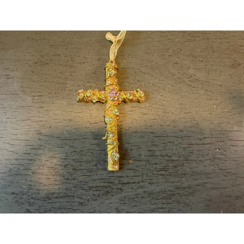 Vintage Gold Tone Rhinestone Cross Ornament Pink Blue Crystal Vine Wrap 3.5 Inch